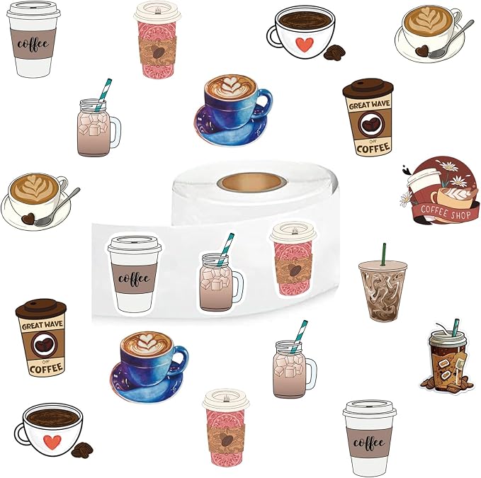 500Pcs Cute Coffee Stickers, Cartoon Drink 1 Inch Labels by YEESACG