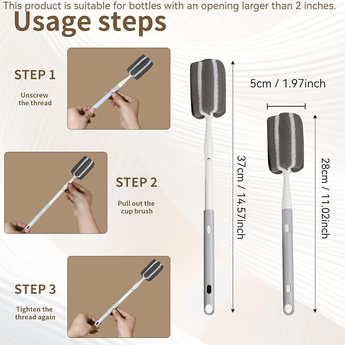 Sponge Bottle Brush Adjustable Long Handle Up to 14.5” 2-Pack | 14.5" - Image 2