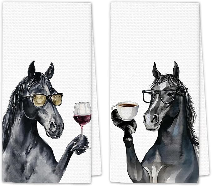 Horse Gifts Coffee Wine Kitchen Towels Set of 2, Coffee Animal Dish Tea Towel by OINDADE