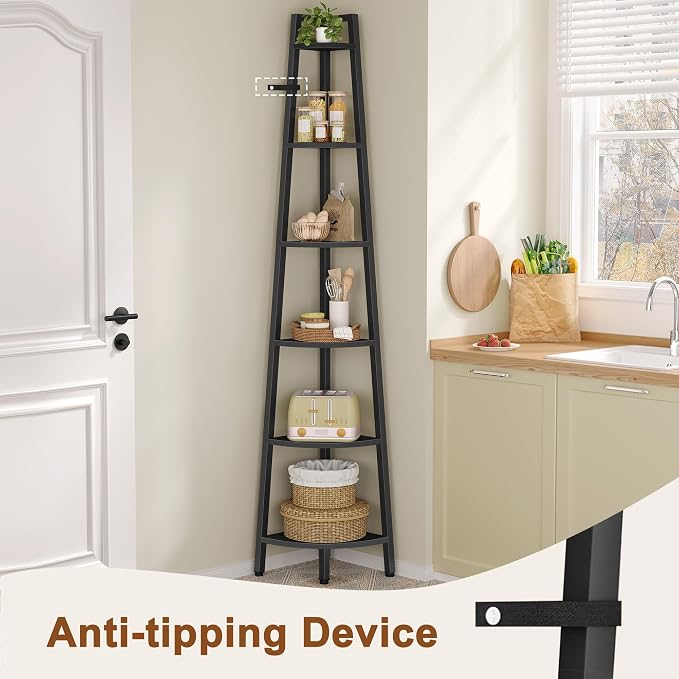 Hoctieon Corner Shelf, 6-Tier Corner Bookshelf, Rustic Ladder Shelf, Industrial - Image 4