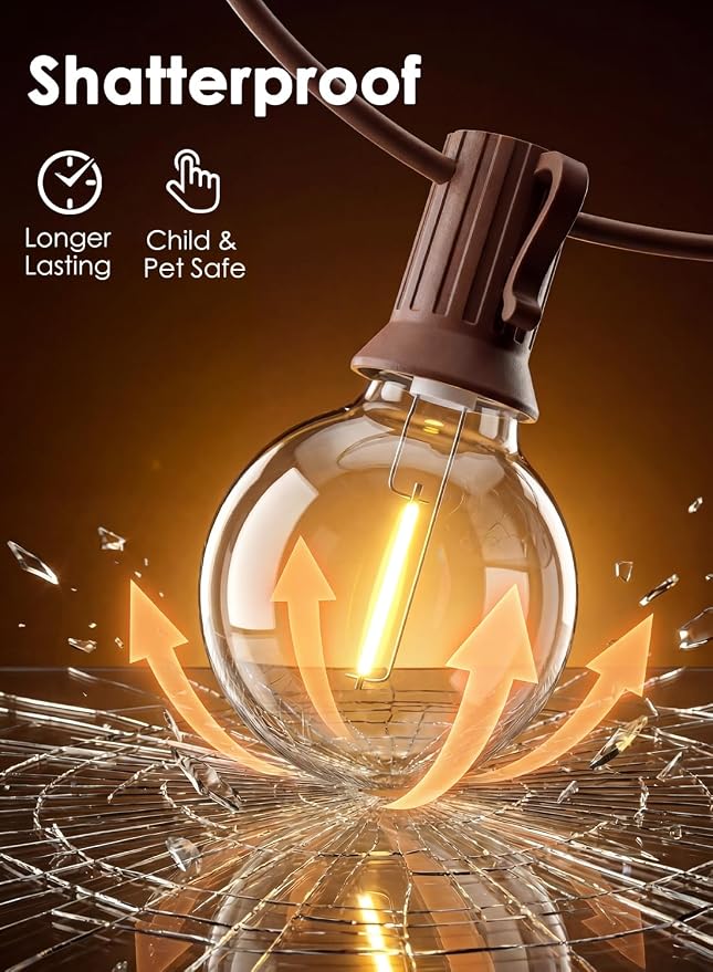 50FT Brown Outdoor String Lights, Shatterproof LED Globe Edison String Lights - Image 5