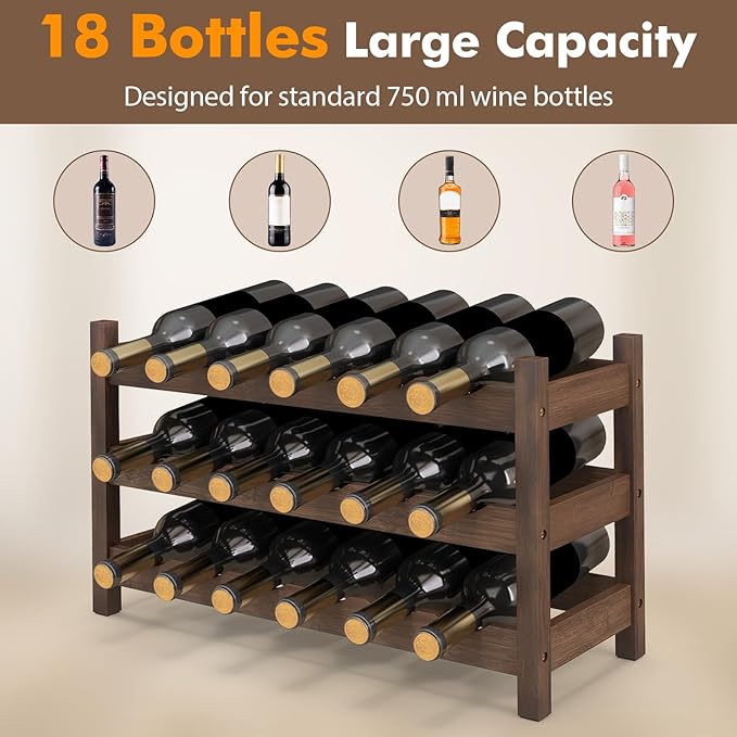 Giantex Bamboo Wine Rack, 3-Tier 18 Bottle Wine Storage Cabinet Shelf, Small - Image 3