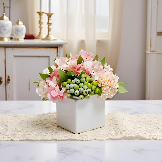 Artificial Flower Arrangement in Ceramic Vase Pink Hydrangea Home Decor | - Image 6