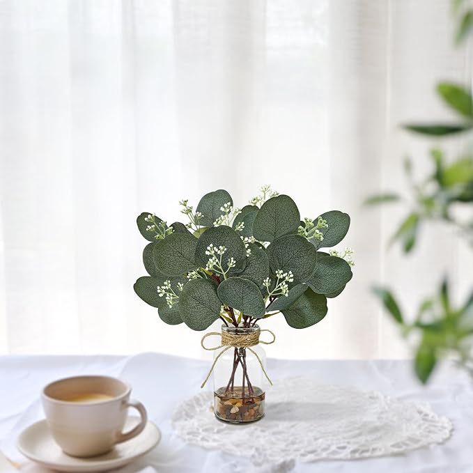 2 Pack Artificial Eucalyptus Stems in Glass Vases, Small Faux Plants - Image 4