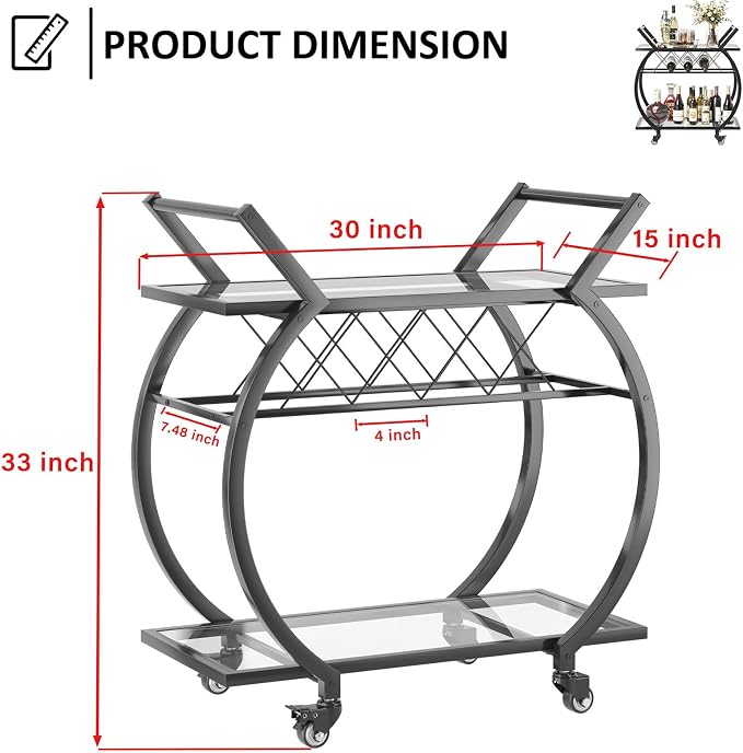 LVB Bar Cart with Glass, Home Bar Serving Cart with 2 Tier Storage Glass Shelves - Image 2
