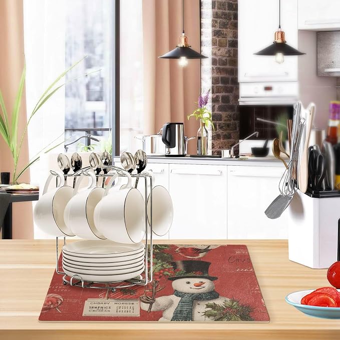 Red Christmas Snowman and Berries Coffee Mat Coffee Bar Maker Backed Absorbent - Image 6