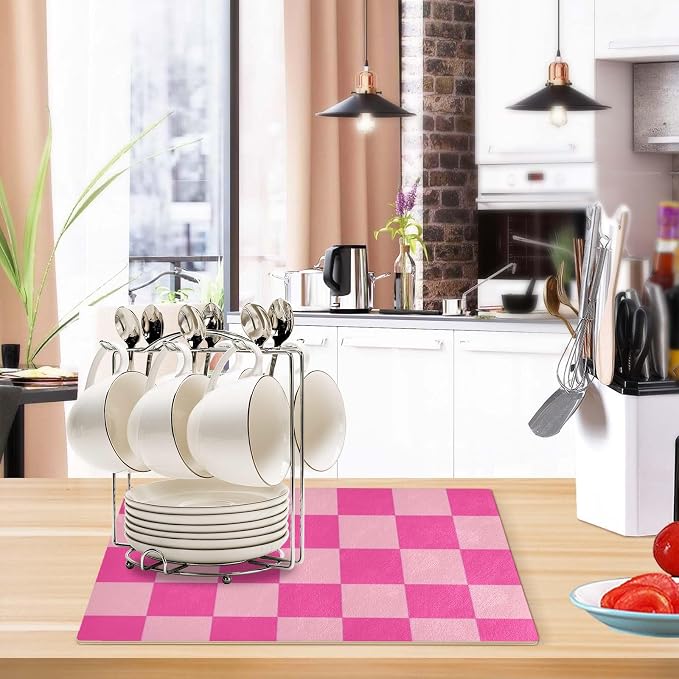Hot Pink Checkerd05 Coffee Mat Coffee Bar Maker Station Pot Spill Machine Pad - Image 5