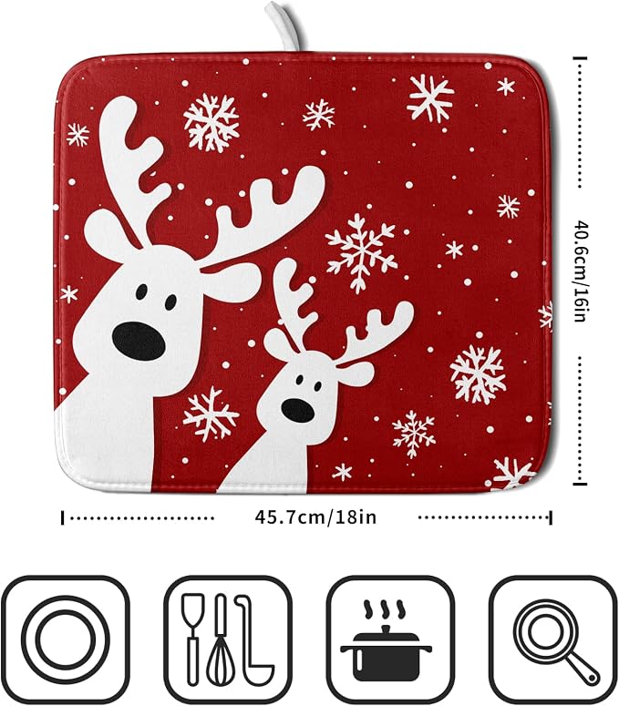 Christmas Reindeer Dish Drying Mats 16x18 Inch, Xmas Funny Deer Red Absorbent - Image 2