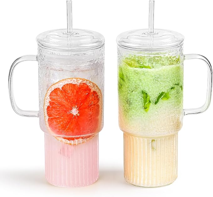 32oz Glass Cups with Handle & Glass Lids and Straws, 2 Pack Large Borosilicate by MINGHYZYA