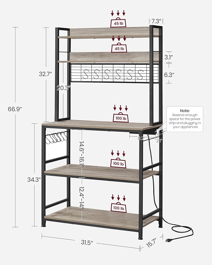 VASAGLE Bakers Rack with Power Outlet, Microwave Stand, Kitchen Tall Utility - Image 3