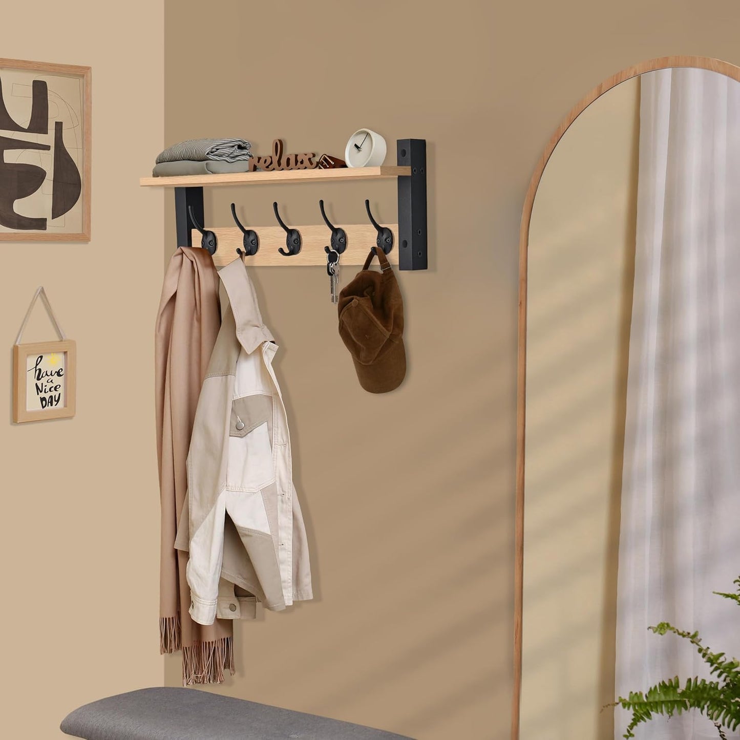 Sorbus Coat Hooks Wall Mount with Shelf – 24 Inch Coat Rack Wall Mount with 5 Heavy Duty Hooks – Floating Wall Shelf with Hooks for Entryway, Bathroom, Bedroom, Kitchen, or Mudroom (Maple Wood)