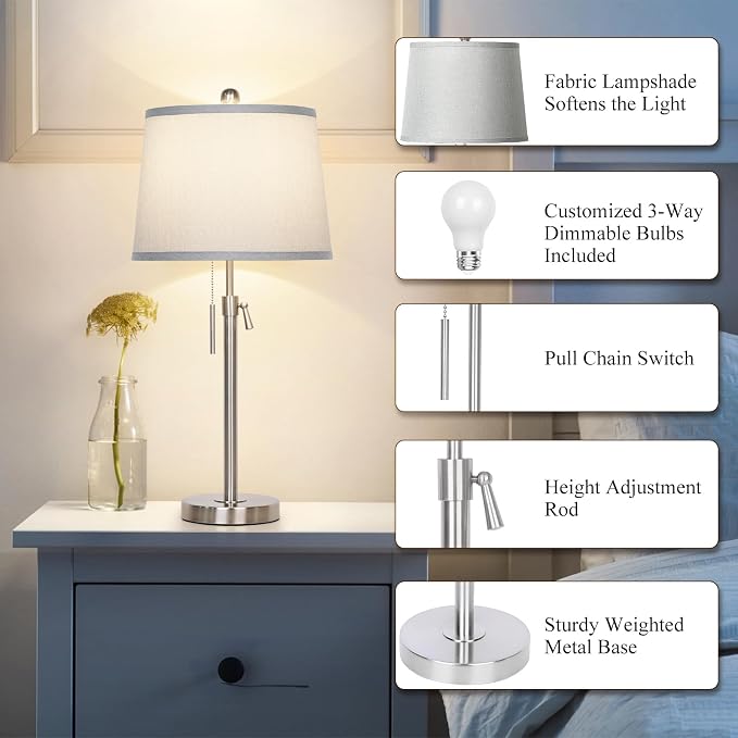 JUNNAI Table Lamps Set of 2, Bedside Lamp Silver Tall Table Lamps - Image 5