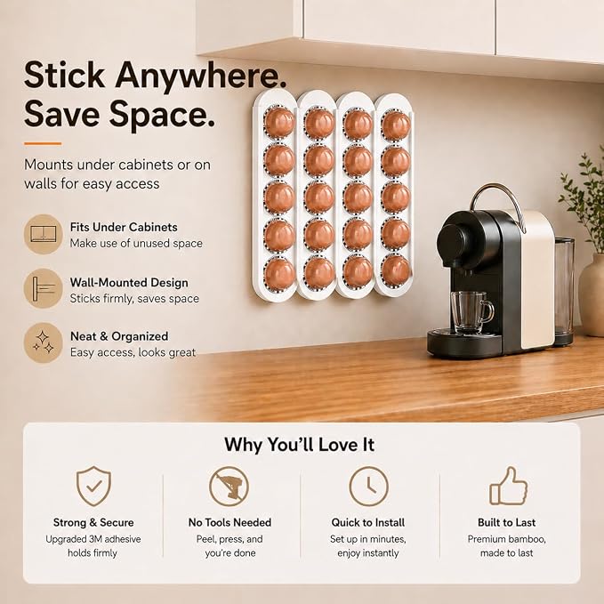 Bamboo Coffee Pod Holder, Adhesive Wall Mount - Image 7