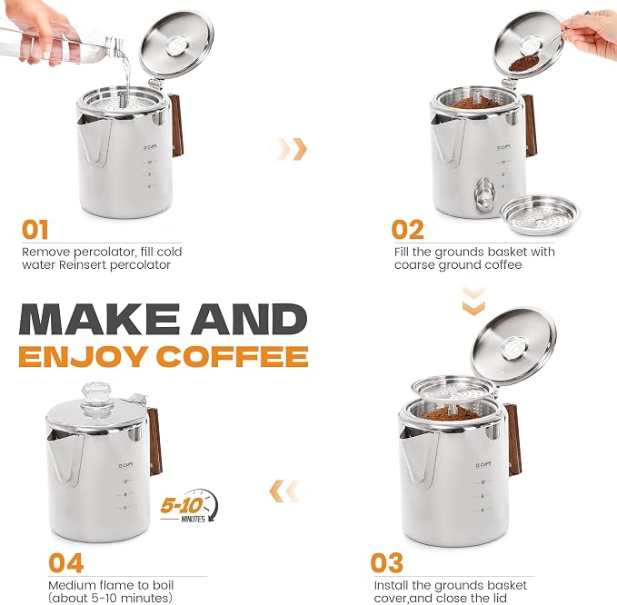 Percolator Coffee Pot Stainless Steel Camping Coffee Pot-NO Aluminum or Plastic - Image 7