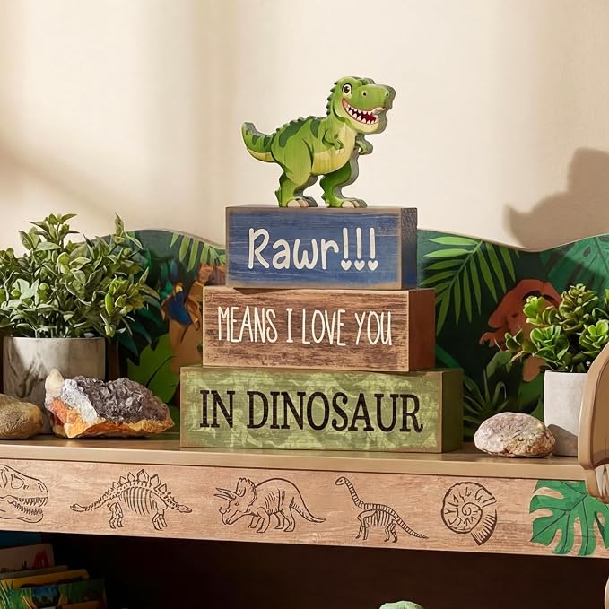 Lineshading 4 Pcs Dinosaur Table Decorations Wooden Dinosaur Decor Dino Safari - Image 6
