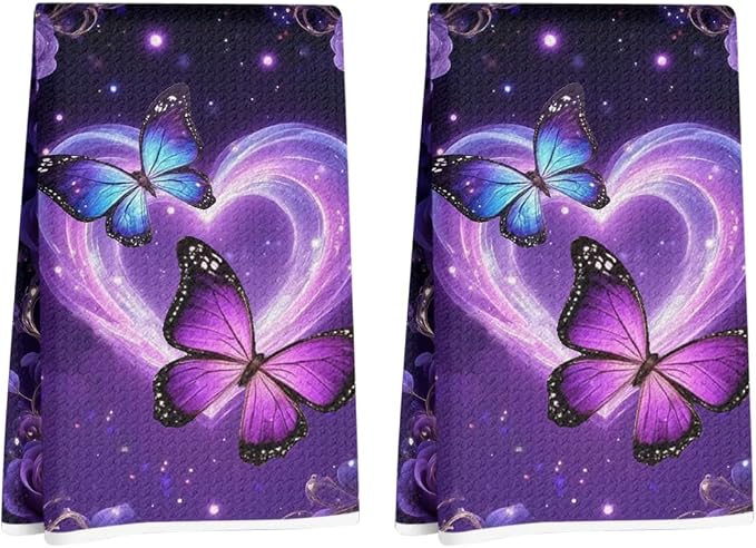 2 Pcs Purple Butterfly Kitchen Towels, Butterfly Soft Absorbent Tea Hand Towel by Hanamiya+Na