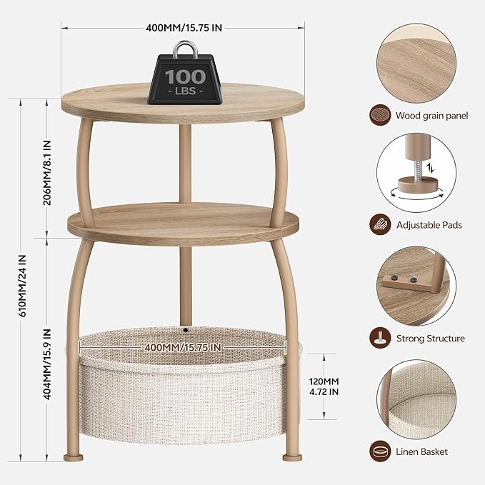 Round Side Table with Storage Basket, End Table Living Room | 3-Tier Bedside - Image 9