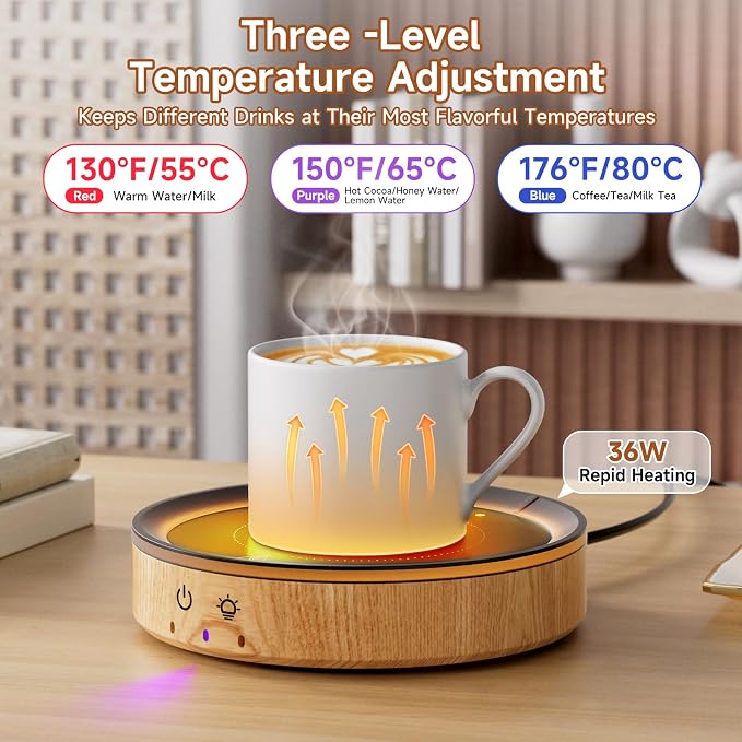 36W Mug Warmer, 3 Temperature Settings, Auto Shut Off, Max 176°F, Wood Grain - Image 3