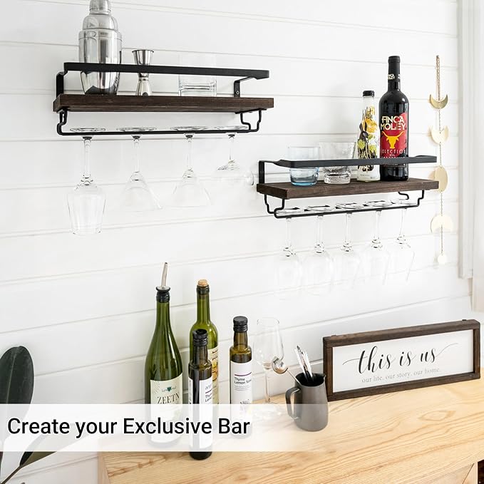 Mkono Wall Mounted Wine Rack Set of 2 Wood Rustic Wine Bottle Glass Floating - Image 2