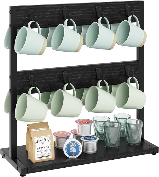 IBUYKE Wood Coffee Mug Holder for Countertop, 16 Hook Mug Tree Holder Rack by IBUYKE