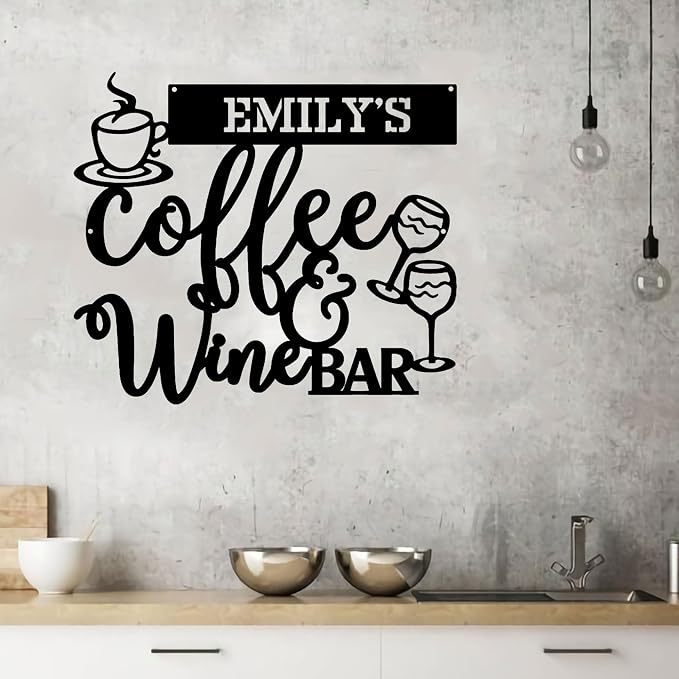 Personalized Coffee & Wine Bar Metal Wall Art, Art Deco Style, LED Lights - Image 4