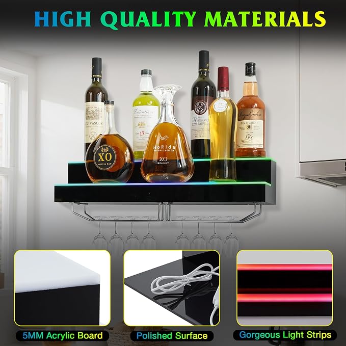 LED Lighted Liquor Bottle Display Shelf Wall Mount Wine Rack, 2 Tiers 24Inch - Image 4