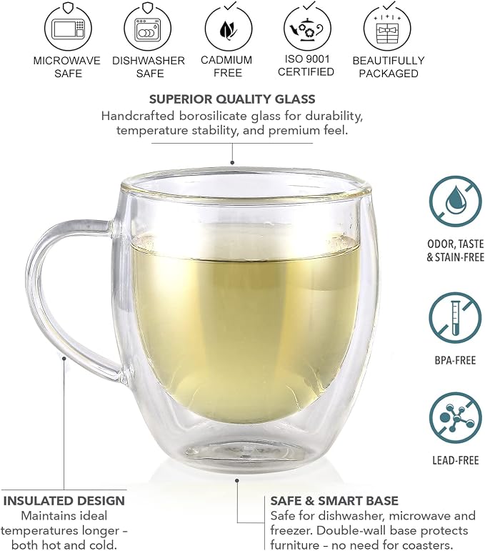 Teabloom Lead-Free Double Walled Cups – Set of 2 Insulated Glass Cups - Image 2