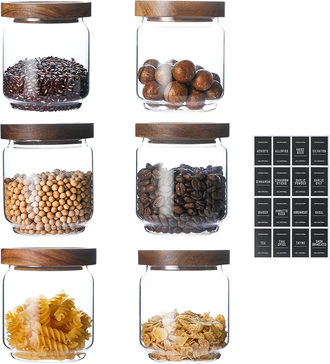 Glass Jars with Wood Lids 6 Pack with 112 Labels, 15 OZ Storage Food Canister by HOMTOP