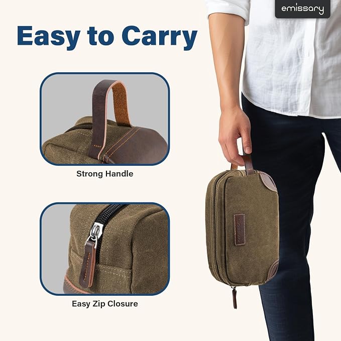 emissary Men's Canvas Travel Toiletry Bag, Leather Dopp Kit - Image 3