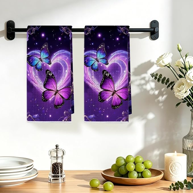 2 Pcs Purple Butterfly Kitchen Towels, Butterfly Soft Absorbent Tea Hand Towel - Image 4