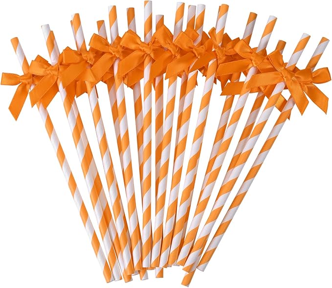 20pcs Orange Bow Straw, 7.7inch Autumn Thanksgiving Biodegradable Cute Paper by Nicime