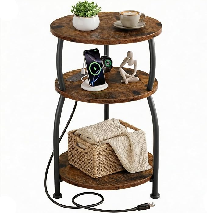 Round Side Table with Power Outlet & USB Ports, 3-Tier End Table with Storage by designyourhome