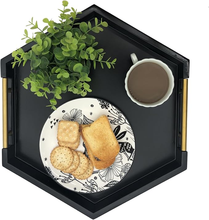 Serving Tray with Polished Metal Handles, Hexagon Coffee Table Tray, Modern - Image 7