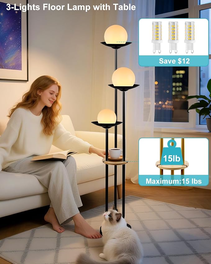Lightdot Globe Floor Lamp with Shelf 3-Lights Modern Dimmable Floor Lamps 3000K - Image 5