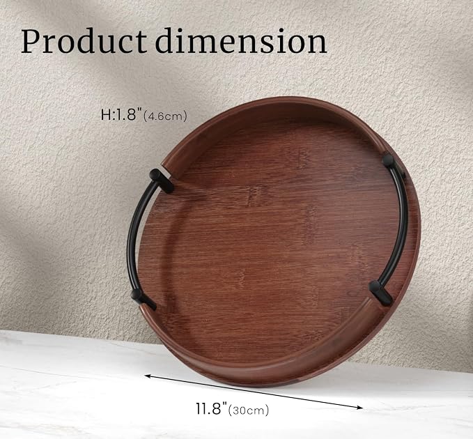 Fibogollo Bamboo Tray with Metal Handle, 11.81inches; Ottoman-Style Round - Image 4