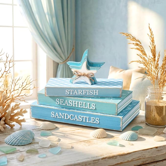Amyhill 4 Pcs Beach Table Decor, Wooden Coastal Decorative Books - Image 9