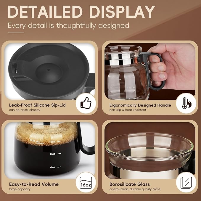 Coffee Pot Mug with Lid, 16Oz Mini Glass Coffee Pot Coffee Mug with Spill Proof - Image 4