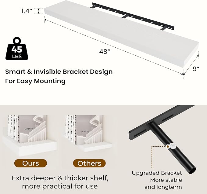 Dreamland 48 Inch Long Floating Shelves in White, 9.3 Inch Deep Floating Shelf - Image 2