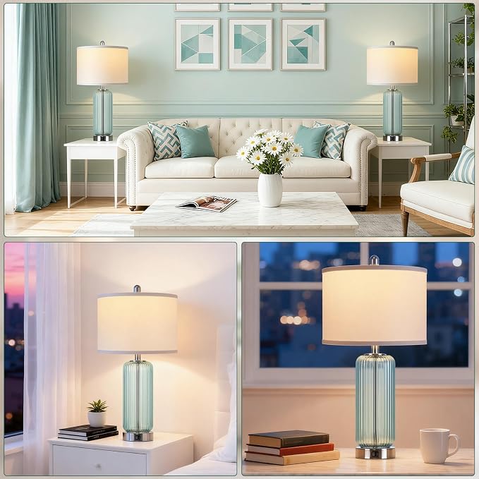 Table Lamps Set of 2 with Vertical Grained Glass, Teal Bedside Table Lamp - Image 6