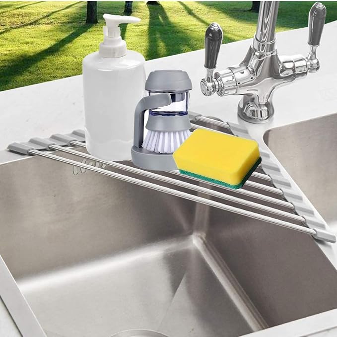 Triangle Dish Drying Rack for Sink Corner Roll Up Folding Stainless Steel - Image 2