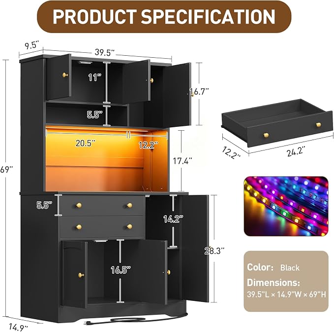 RALGEND Pantry Cabinet with Charging Station and LED Light, Kitchen Hutch - Image 2