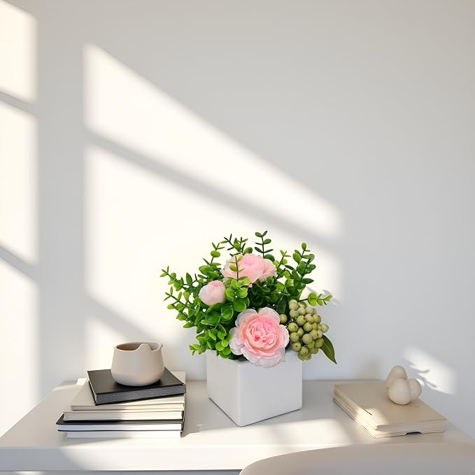 Pink Artificial Rose Eucalyptus Berry Faux Floral Table Home Bathroom Decor | - Image 3