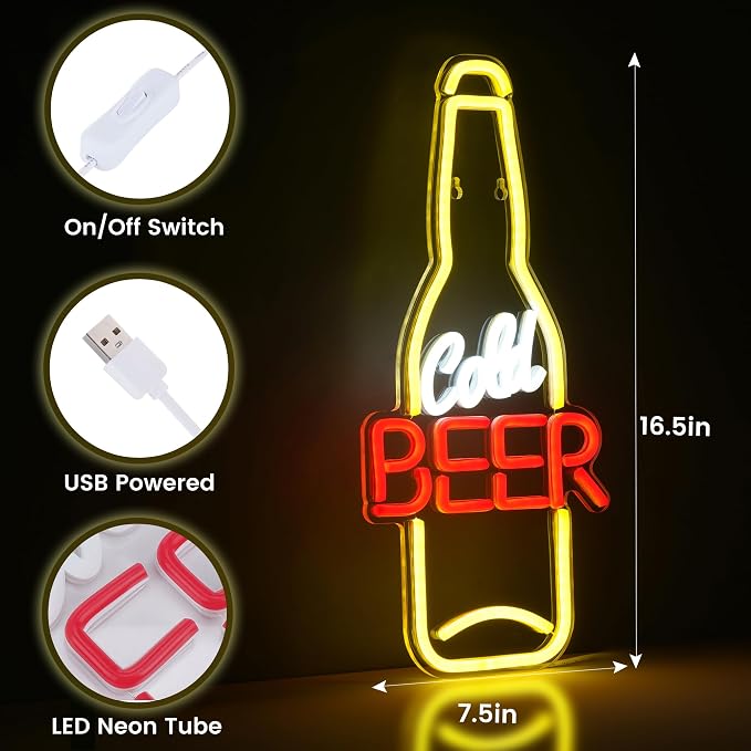 Kavaas Cold Beer Neon Sign 16.5" x 7.5", Beer Bottle Shaped LED Sign - Image 3