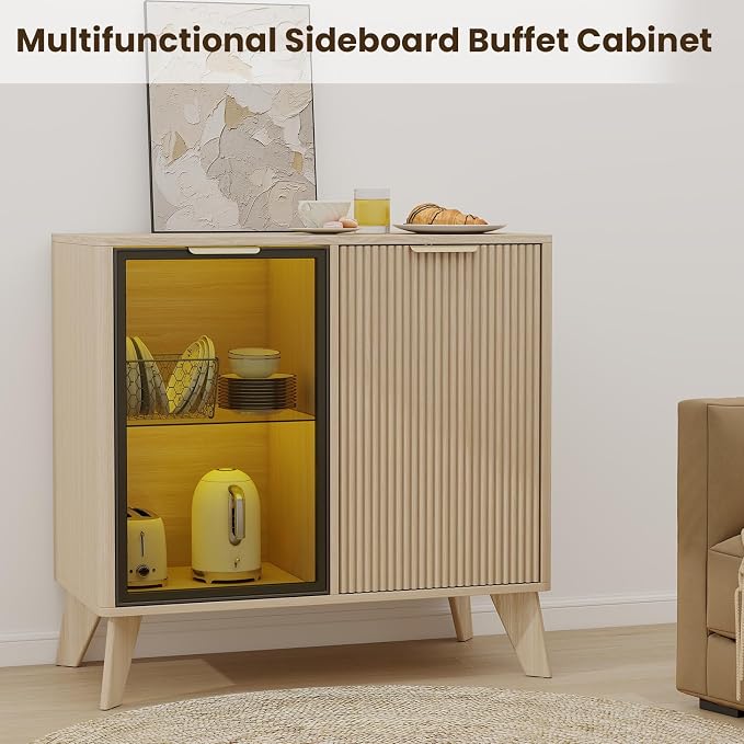 Fluted Buffet Cabinet with Storage, Small Coffee bar Cabinet with Adjustable - Image 8