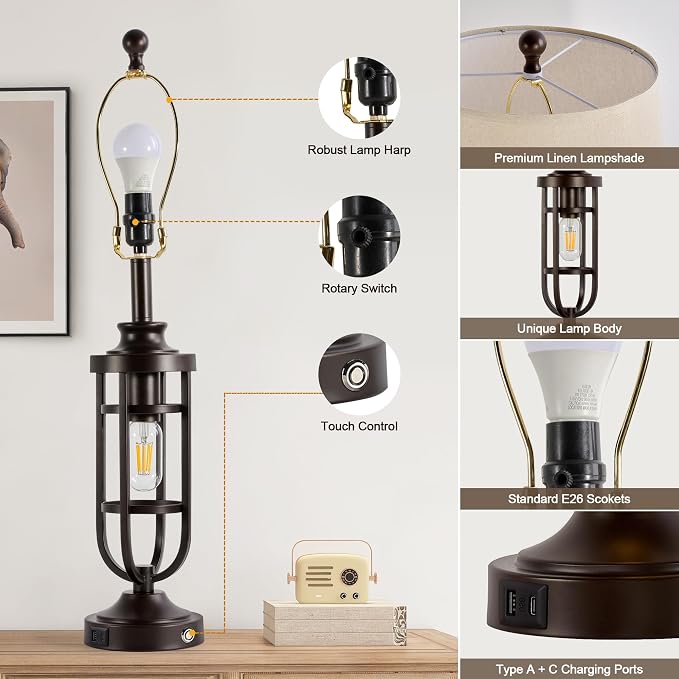 28.8" Farmhouse Table Lamps for Living Room Set of 2, Touch Lamps for Night - Image 5