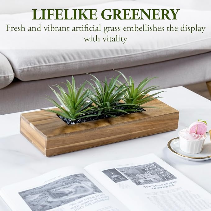 MyGift 15 Inch Large Artificial Green Grass Plants in Premium Acacia Solid Wood - Image 2