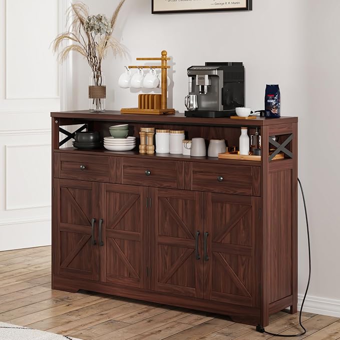 51" Dark Brown Buffet Sideboard Cabinet, Farmhouse Storage Cabinet Kitchen - Image 8