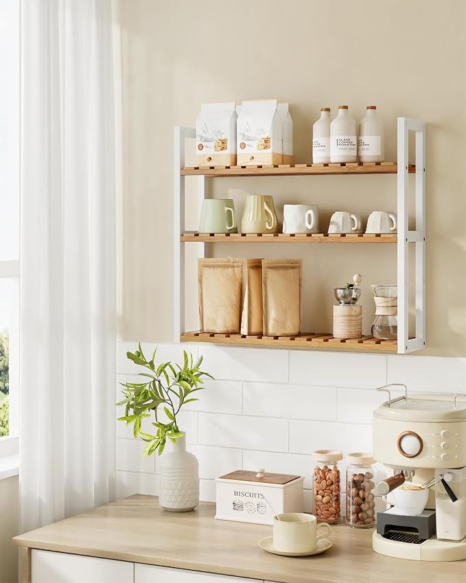 SONGMICS Bamboo Bathroom Shelf, 3-Tier Adjustable Plants Rack, Wall-Mounted or - Image 2