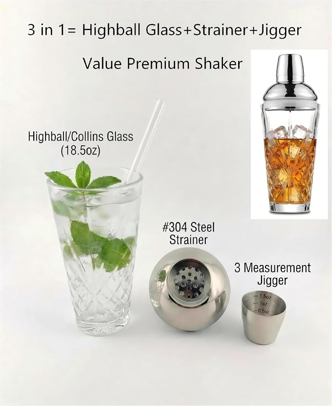 Cut Crystal Cocktail Shaker 18.5oz Sealed Lid, Mult-Use | Hidden Measuring Lid - Image 2