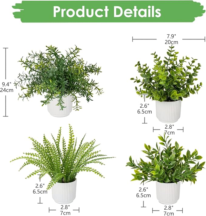 Hollyone 4 Pack Artificial Potted Plants Eucalyptus Rosemary Boston Fern ZZ - Image 2